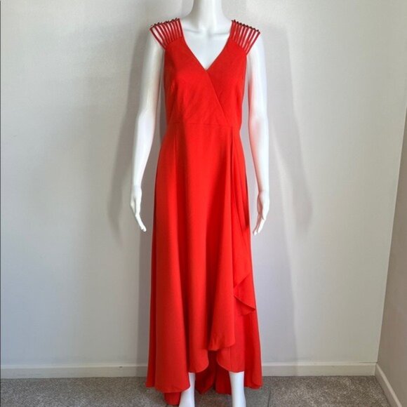Halston Heritage Women's Multi Strap Sleeve V-Neck Gown with Flowy Skirt Size 4 - Picture 2 of 12